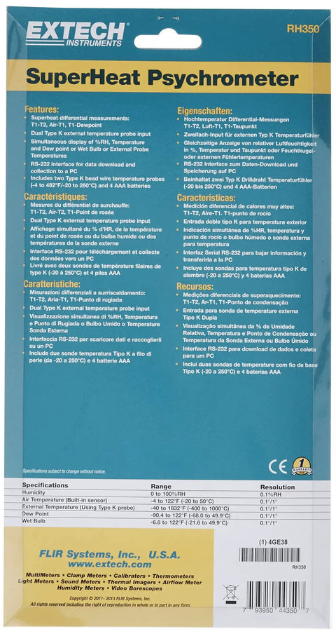 Dual Input Hygro Thermometer Psychrometer packaging with product features in multiple languages