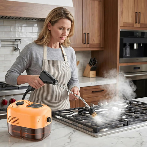 Heavy Duty 2500W Handheld Steam Cleaner With 4.5 Bar High Pressure For Kitchens And Bathrooms in use on a stovetop.