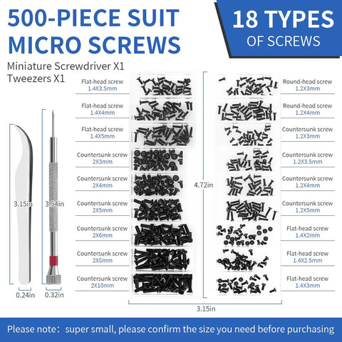 Hella Tough Micro Screw Assortment Kit With Precision Tweezers And Driver, 500 pieces, organized black screws, various sizes for electronics repairs.