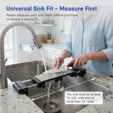 Person using Adjustable Sink Bridge Whetstone Holder for Kitchen Sink, 304 stainless steel base, spans sink for mess-free sharpening.