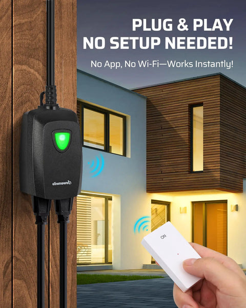 Outdoor Wireless Remote Control Dual 3 Prong Outlet Weatherproof Power Strip With Wall Mount And Handheld Switch Expandable Indoor Outdoor Heavy Duty 15A 1875W 7 Inch Cord 100 Feet Range ETL Listed, weatherproof remote switch