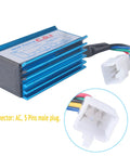 Ride Ready Performance Ignition Coil And AC CDI Box For GY6 4 Stroke Engines, blue CDI box with 5-pin connector close-up view