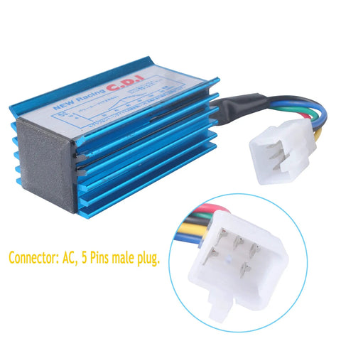 Ride Ready Performance Ignition Coil And AC CDI Box For GY6 4 Stroke Engines, blue CDI box with 5-pin connector close-up view