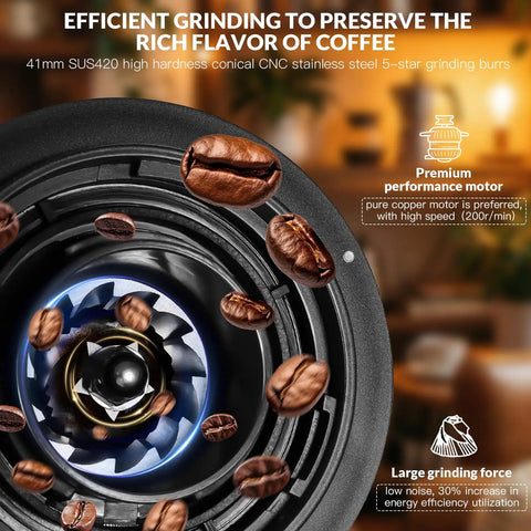 Cordless Coffee Grinder Featuring Rechargeable Conical Burr Mill And Sixty Precision Settings For Super Smooth Brewing On The Fly close-up of stainless steel burrs and coffee beans