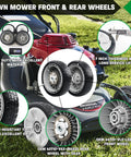 4 Pack Lawn Mower Drive Wheels Replacement Set For Honda HRR216 HRS216 HRT216 Includes 2 Rear Wheels And 2 Front Wheels 42710-VE2-M02ZE 44710-VL0-L02ZB Easy Install No Fuss Durable Replacement Wheels displayed with lawn mower.