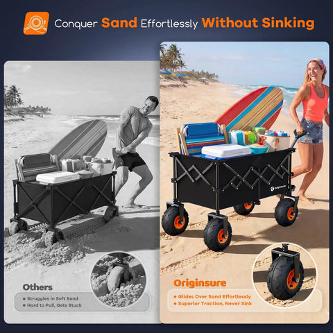 38 Inch Collapsible Beach Wagon With 10 Inch Balloon Wheels For Sand All Terrain Heavy Duty Beast Hauler 460 Pound Capacity Foldable Wagon For Camping Groceries And Sports Black on a beach