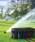 Built Different Heavy Duty IP65 Waterproof Outlet Box With Six Entry Ports For Power Strips And Extension Cables with cords in use outdoors.