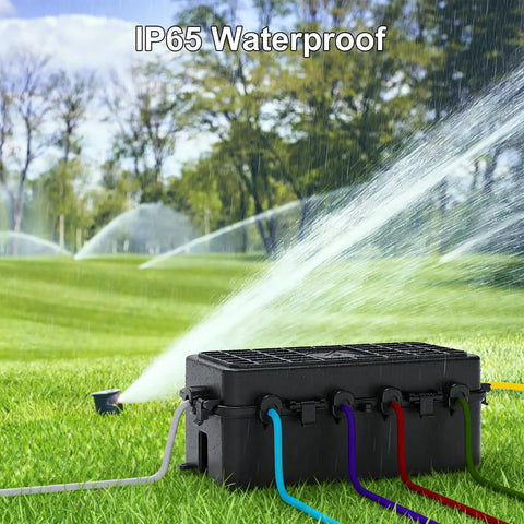 Built Different Heavy Duty IP65 Waterproof Outlet Box With Six Entry Ports For Power Strips And Extension Cables with cords in use outdoors.