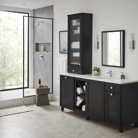 Modern bathroom with Bauloop Single Hole Bathroom Faucet With Single Handle S Size Chrome Finish on vanity sink.