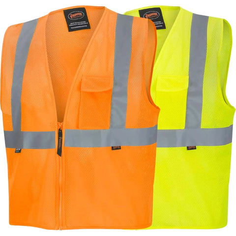Stay Sharp And Legit On The Job With This Kickass Class 2 High Visibility Mesh Safety Vest Featuring Bold Reflective Tape For Traffic Control And Crew Jobs In Bright Orange, showing front view of orange vest with reflective tape.