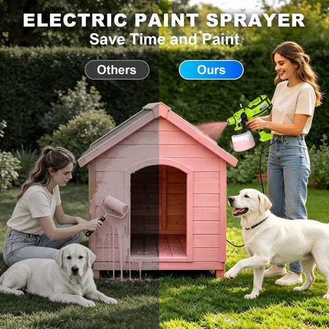 Powerful 1000W Electric Paint Sprayer For Fast House Painting with Smooth Coverage on Walls Furniture and Fences No Drip Hassle Gets Jobs Done Quick Weekenders Will Absolutely Love This Corded Gun in action painting a dog house.