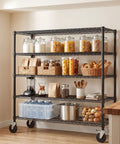 Heavy Duty Rolling Wire Shelving Cart With Five Adjustable Steel Shelves And Locking Swivel Wheels and Hella Solid 640 Lbs Per Tier Build with jars and baskets.