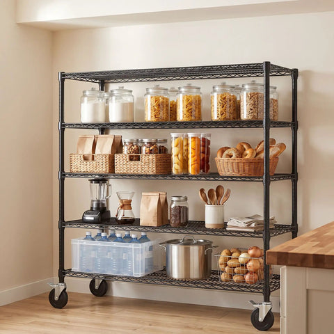 Rock Solid Heavy Duty 5 Tier Wire Shelving Rack On Rolling Casters With 3250 Lb Load Capacity For Garage Storage And Workshop Equipment Organization Adjustable Height Industrial Grade Carbon Steel Build Multi Purpose Storage Solution