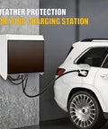 Universal Fit EV Charger Cover Heavy Duty Powder-Coated Iron Frame And Tinted Acrylic Panel For Badass All-Weather Protection From Rain Snow And Sun Damage Wall-Mounted Outdoor Enclosure Box For Electric Vehicle Stations To Keep Your Gear Safe with EV charger mounted on wall beside white vehicle.