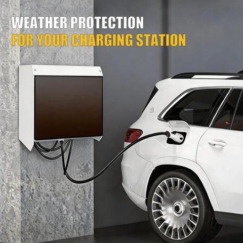 Universal Fit EV Charger Cover Heavy Duty Powder-Coated Iron Frame And Tinted Acrylic Panel For Badass All-Weather Protection From Rain Snow And Sun Damage Wall-Mounted Outdoor Enclosure Box For Electric Vehicle Stations To Keep Your Gear Safe with EV charger mounted on wall beside white vehicle.