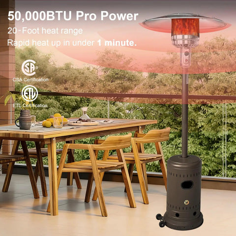 50,000 BTU outdoor propane patio heater near dining table on patio, showcasing CSA and ETL certification, 20-foot heat range.