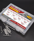 Dowel pin assortment kit in a clear plastic storage box, 150 stainless steel pins, sizes M3–M5