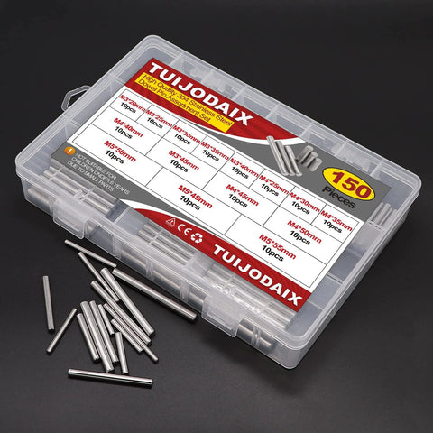 Dowel pin assortment kit in a clear plastic storage box, 150 stainless steel pins, sizes M3–M5