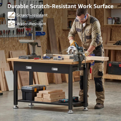Craftsman using Beast Heavy Duty Work Bench With Drawer And Storage For Garage And Shop, cutting wood on small wood top.