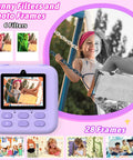 Kids Instant Digital Camera With Dual Lens 1080p HD Selfie Camera Built In Print Paper And 32GB Card Dope Kid Friendly Toy For Ages 3 To 16 Totally Perfect Christmas Birthday Gift lavender camera showing funny filters, 6 filters and 28 frames