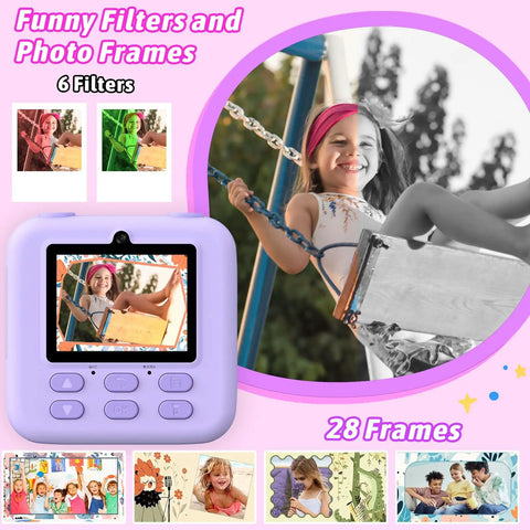 Kids Instant Digital Camera With Dual Lens 1080p HD Selfie Camera Built In Print Paper And 32GB Card Dope Kid Friendly Toy For Ages 3 To 16 Totally Perfect Christmas Birthday Gift lavender camera showing funny filters, 6 filters and 28 frames