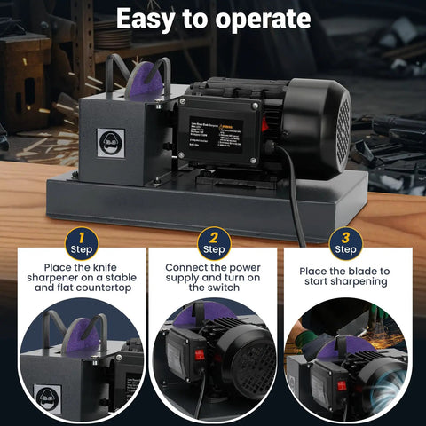 Badass Heavy Duty Lawn Mower Blade Sharpener With Nine Inch Grinding Disc And One Horsepower Motor setup steps on counter.