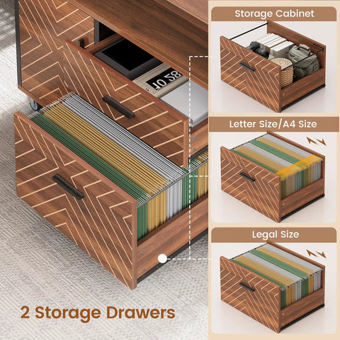 L Shaped Executive Desk With Rolling File Cabinet And Built In Power Outlets For A Boss Level Workspace showing open drawers with files