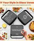 Royalcraft 3-in-1 Electric Sandwich Maker & Waffle Grill with customizable glass veneer tops in black, showcasing smiley and menu designs.