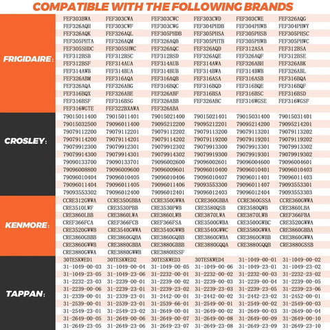 Compatibility chart for Bottom Oven Bake Element Replacement For Electric Ranges And Stoves 1950 To 2600W 240V 316075103