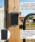 Built Like A Tank Wireless Touch Panel Gate Keypad With Outdoor Cover And Digital Code Entry Access Control For Automatic Swing Gate Openers mounted on wooden post.