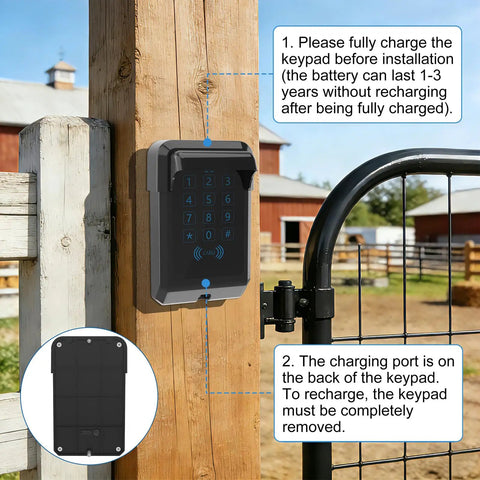 Built Like A Tank Wireless Touch Panel Gate Keypad With Outdoor Cover And Digital Code Entry Access Control For Automatic Swing Gate Openers mounted on wooden post.