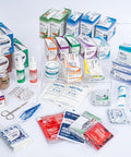 Heavy Duty Class A First Aid Refill Kit Loaded With Essential Tablets And Emergency Medical Gear For Restaurants And Local Shops Without Cabinet, various medical supplies and tablets displayed.