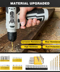 8V Cordless Drill Set With 157 Piece Home Repair Kit And Storage Case in use on wooden board, with drill bits and accessories shown