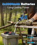 Person using Cordless Reciprocating Saw With Powerful Brushless Motor, 20V, 3500 RPM for cutting wood, batteries on stone surface