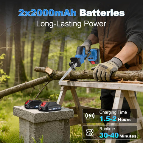 Person using Cordless Reciprocating Saw With Powerful Brushless Motor, 20V, 3500 RPM for cutting wood, batteries on stone surface