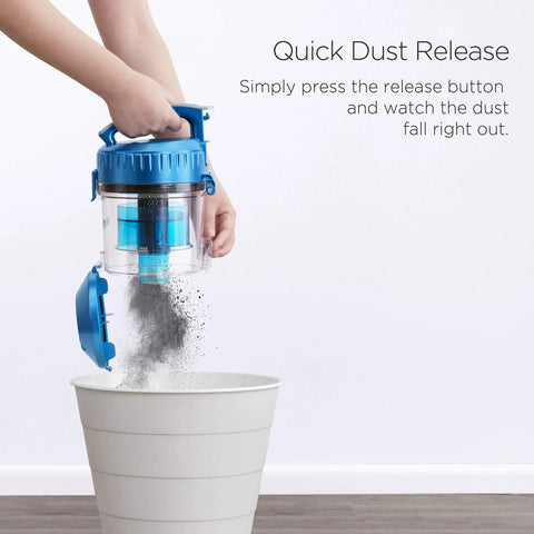 Blue Eureka bagless canister vacuum cleaner with transparent dust container being emptied into a white bucket
