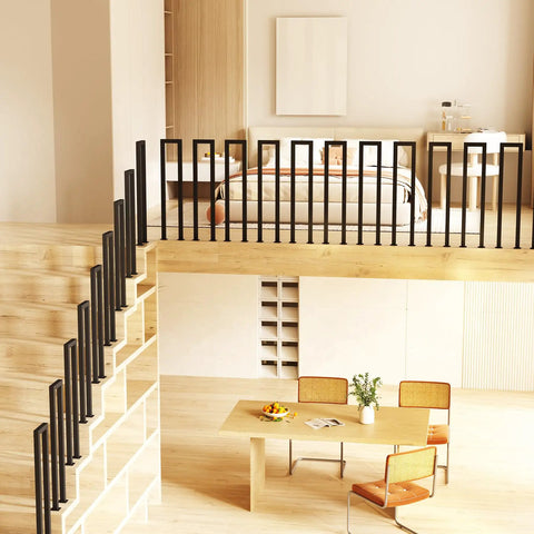 Heavy Duty U Shaped Staircase Handrail For Indoor And Outdoor Use At Three Foot Height with black steel design and stylish decor.
