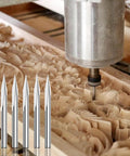 Ready To Roll V Groove Cnc Router Bit With One Eighth Inch Shank and Razor Sharp Carbide Edge carving detailed wood design.