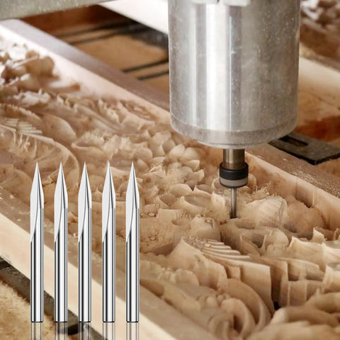 Ready To Roll V Groove Cnc Router Bit With One Eighth Inch Shank and Razor Sharp Carbide Edge carving detailed wood design.