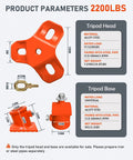 Diagram of Industrial-Grade Tripod Head and Base Set for Heavy Lifting, 2200 Lbs Capacity, with material details and dimensions.