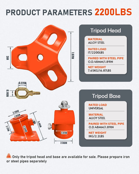 Diagram of Industrial-Grade Tripod Head and Base Set for Heavy Lifting, 2200 Lbs Capacity, with material details and dimensions.
