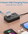 2 Pack 6 Outlet Power Strip With Four USB Ports And Flat Plug Five Foot Extension Cord Overload Protection Wall Mountable Ultra Compact Charging Hub For Office Desk Nightstand And Travel with devices plugged in