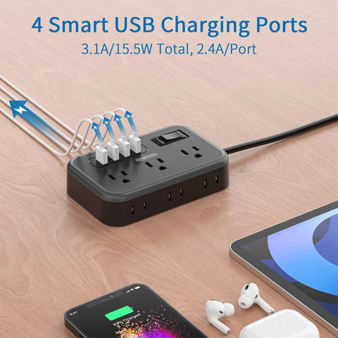 2 Pack 6 Outlet Power Strip With Four USB Ports And Flat Plug Five Foot Extension Cord Overload Protection Wall Mountable Ultra Compact Charging Hub For Office Desk Nightstand And Travel with devices plugged in