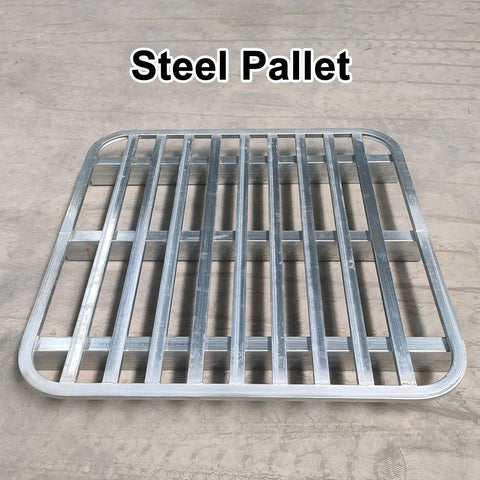 Rugged As Nails Steel Forklift Pallets Built Heavy Duty For Warehouse Storage Platform With Sure Grip Anti Slip Metal Grid top view of steel pallet with slotted design.