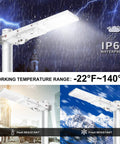 100W Solar Street Light With Motion Sensor, 6000K LED Flood Light, 10000 Lumens, showcasing weather resistance in rain and snow.