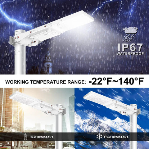 100W Solar Street Light With Motion Sensor, 6000K LED Flood Light, 10000 Lumens, showcasing weather resistance in rain and snow.