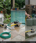 Workhorse 0.1 HP 115V Water Transfer Pump in use for irrigation, pool draining, and liquid transfer with hose kit and jerry cans.