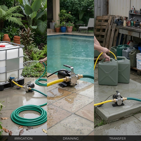Workhorse 0.1 HP 115V Water Transfer Pump in use for irrigation, pool draining, and liquid transfer with hose kit and jerry cans.