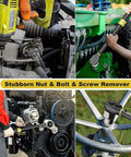 Heavy Duty 24 Piece Bolt Extractor Kit With One Half Inch And Three Eighth Inch Drive in use on various machinery parts.
