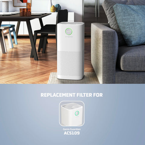 Living room with air purifier and HEPA Pure Genuine Air Purifier Replacement Filter For AC3200, AC3250, AC5109, AP3250, FLT5100.